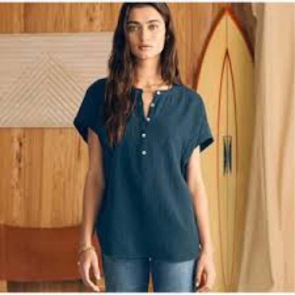Faherty Deep Blue Button-Up Blouse - Picture 2 of 4